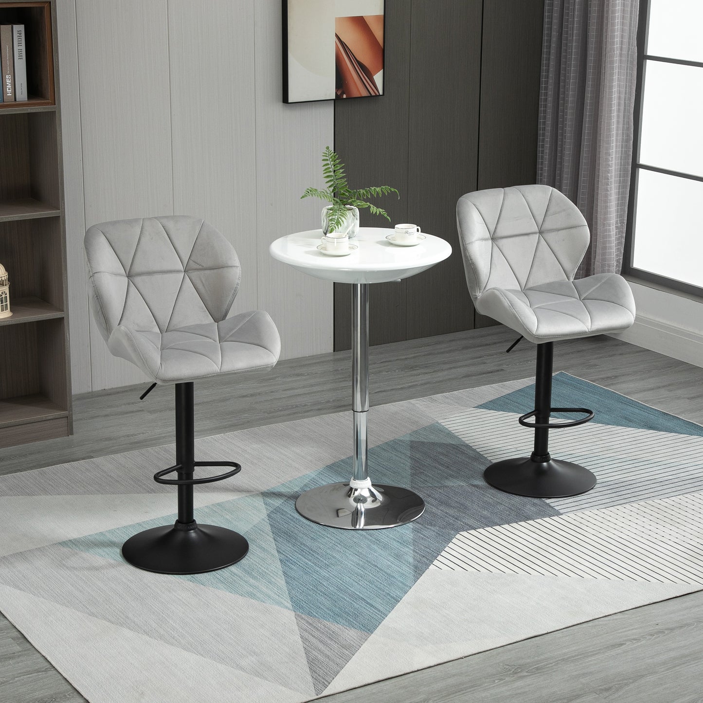 Bar Stools Set Of 2, Luxurious Velvet-Touch Barstools with Metal Frame Footrest Round Base Triangle Indenting Moulded Seat Ad
