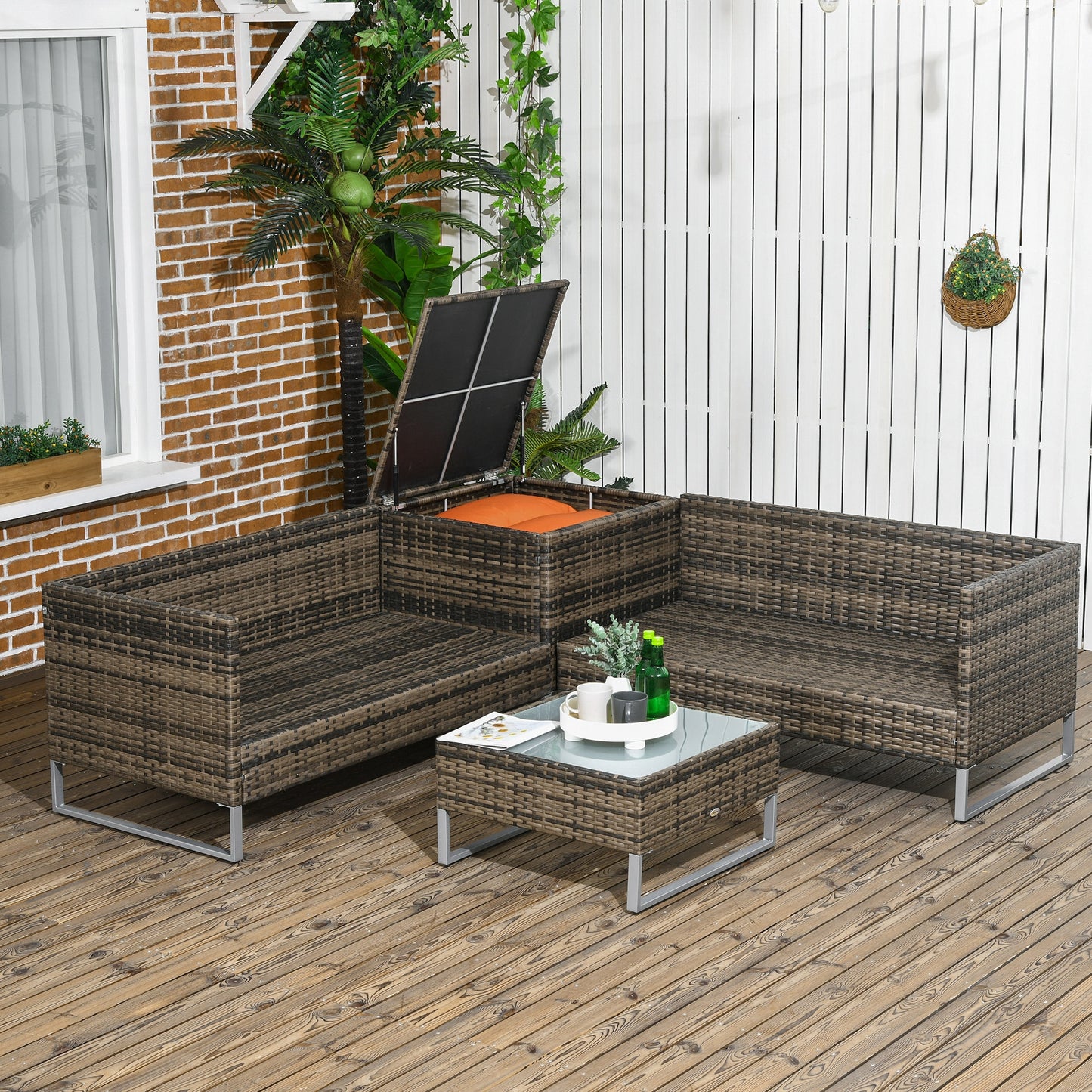 4 Piece Rattan Garden Furniture Set, Outdoor Corner Sofa Set with Storage Table, Loveseats, Cushions - Orange