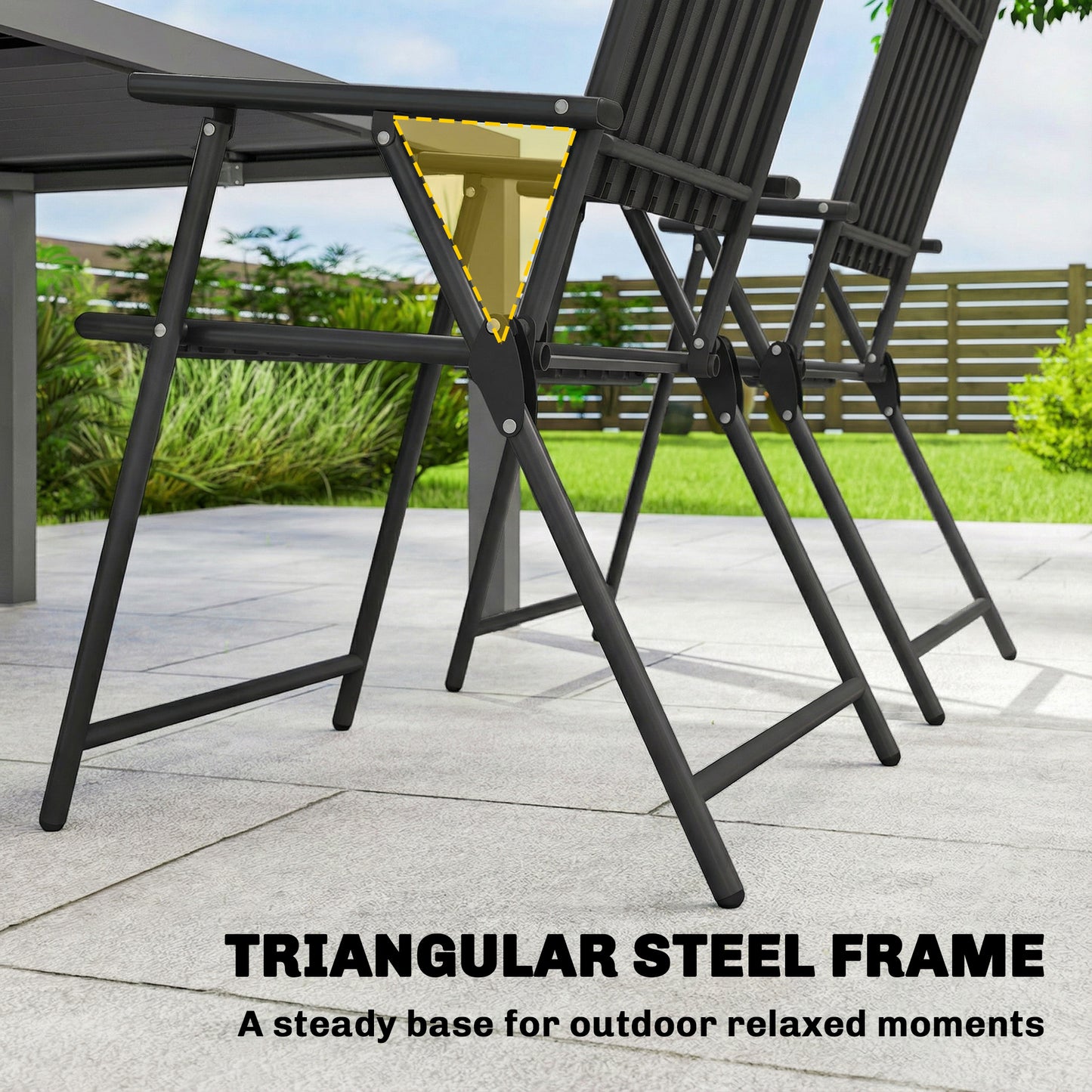 Folding Garden Chairs, Garden Dining Chairs with Plastic Slatted Seat Back, Armrests, Steel Frame, Set of 4, Black