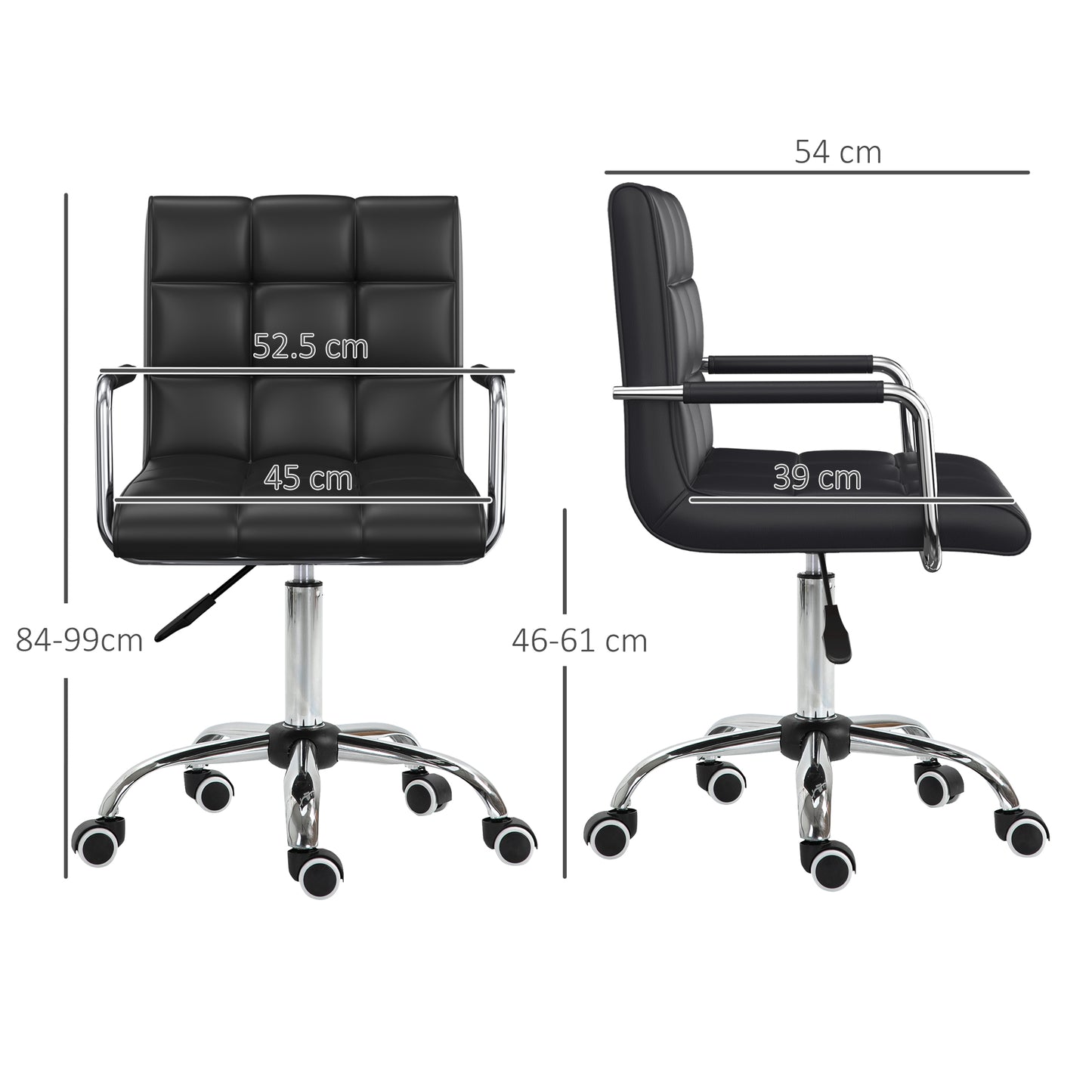 Makeup Vanity Chair, PU Leather Mid Back Office Chair with Adjustable Height, Armrest and Rolling Wheels, Black