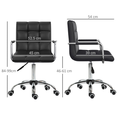 Makeup Vanity Chair, PU Leather Mid Back Office Chair with Adjustable Height, Armrest and Rolling Wheels, Black