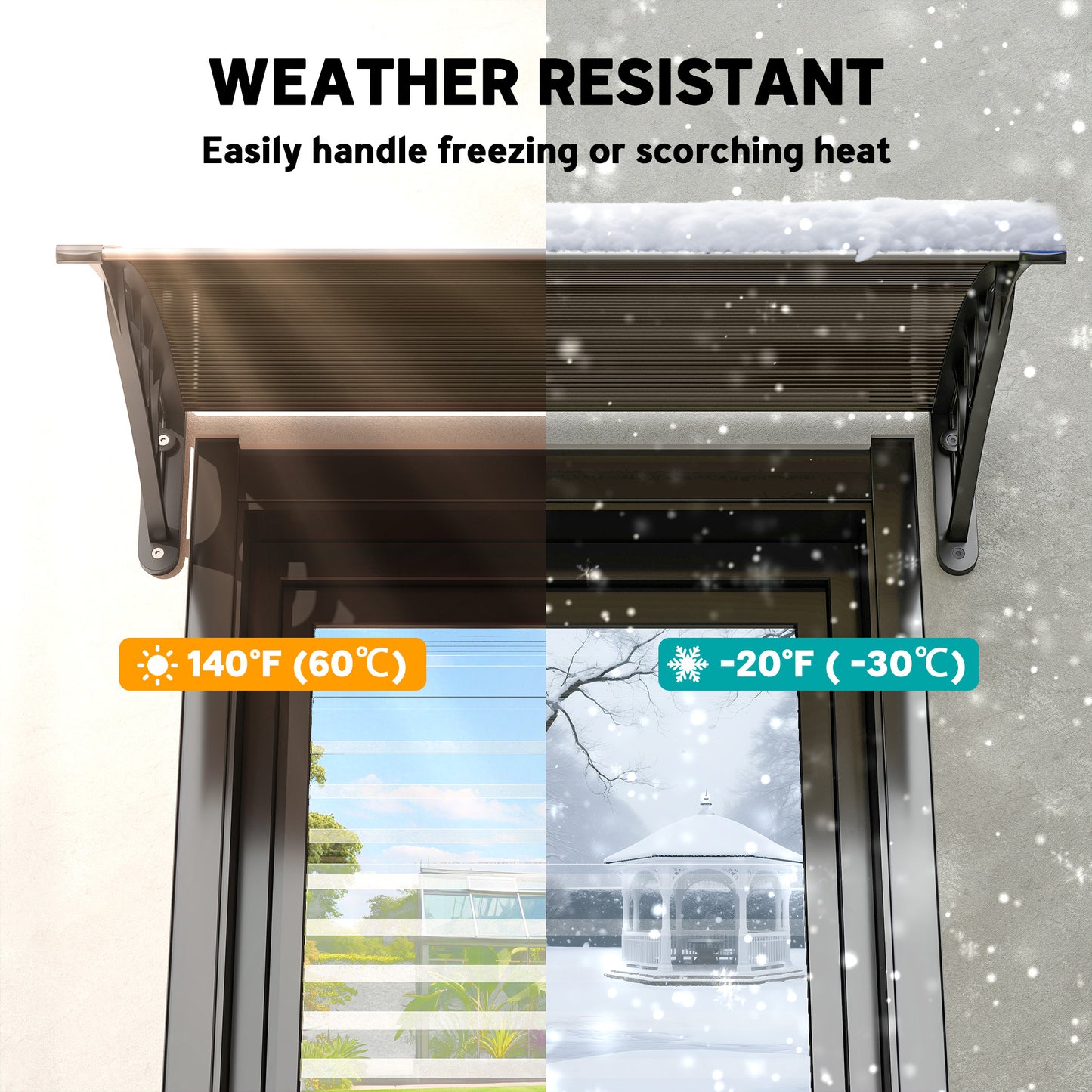 Front Door Canopy Outdoor Awning Aluminium Rigid Plastic Polycarbonate Rain Shelter UV Water Rain Resistant 120 x 75cm Brown