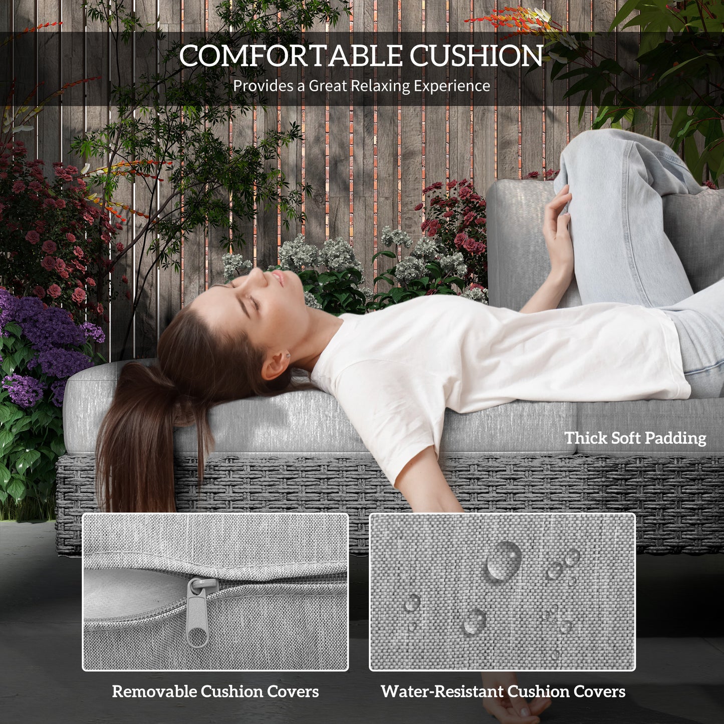 Three-Piece Rattan Sofa Set, with Cushions - Light Grey