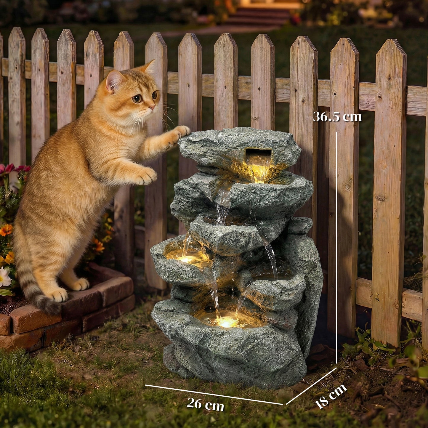 Outdoor Fountain with 6-Tier Rock Design, Waterfall Feature with LED Lights, Resin Freestanding Garden Fountain, Grey