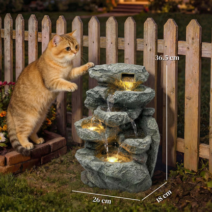 Outdoor Fountain with 6-Tier Rock Design, Waterfall Feature with LED Lights, Resin Freestanding Garden Fountain, Grey