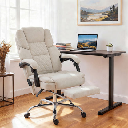 Office Chair with 6-point Vibration Massage and Heat, Fabric Desk Chair with Footrest, High Back, Cream White