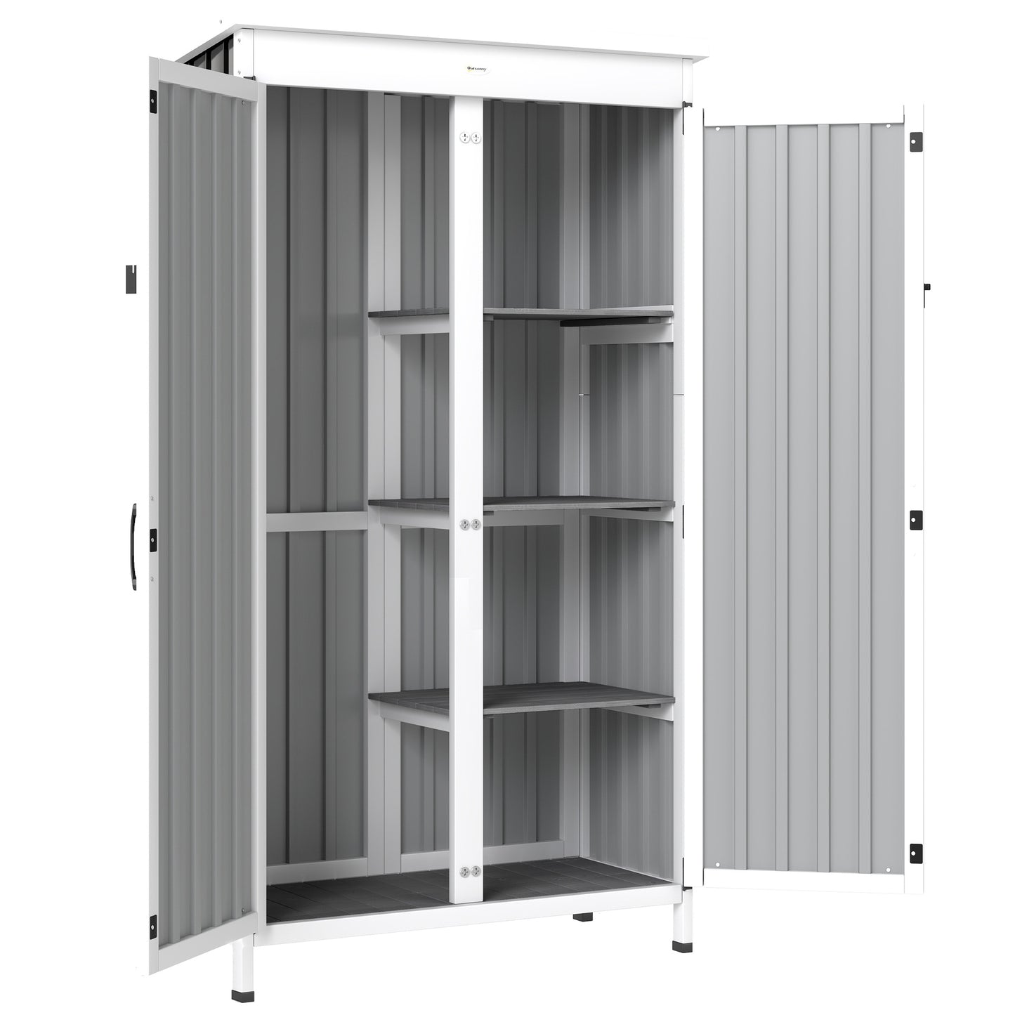 Outdoor Storage Cabinet with Removable Shelves, Garden Tool Shed with Asphalt Roof, White and Black