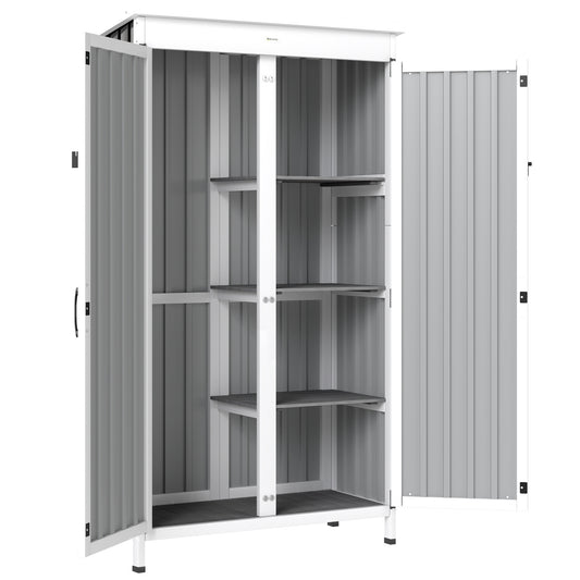 Outdoor Storage Cabinet with Removable Shelves, Garden Tool Shed with Asphalt Roof, White and Black
