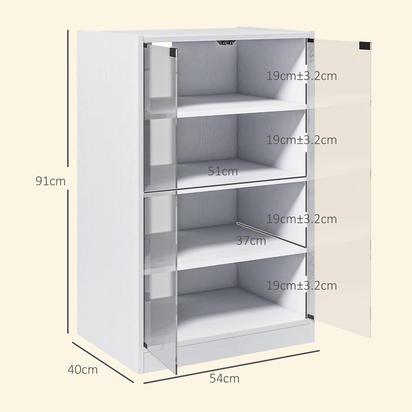 4-Tier Hi-Fi Stand, Record Player Stand with Adjustable Shelves and Push-to-Open Glass Doors, White Wood-Effect