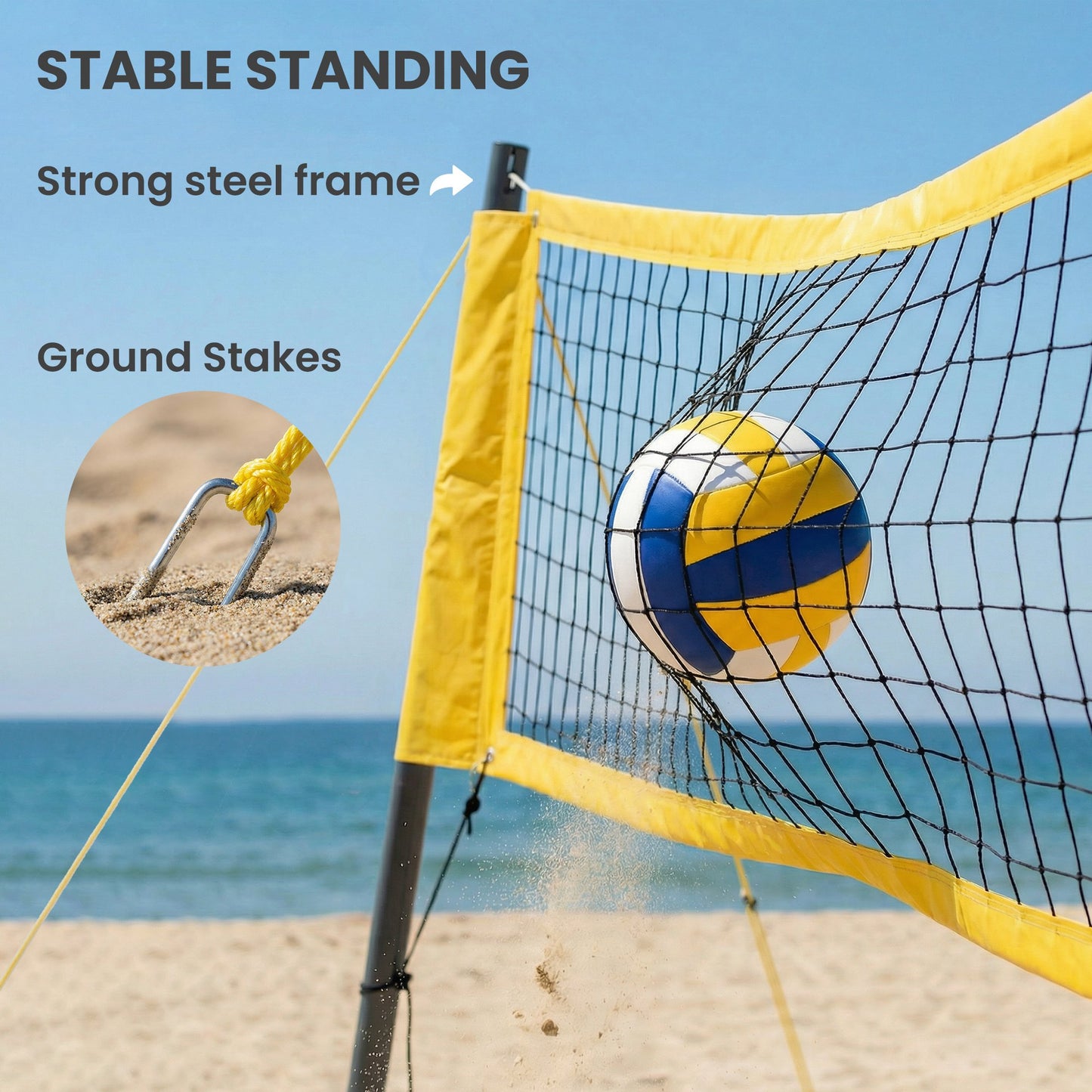 Portable Volleyball Net Set with Adjustable Height Steel Poles, Volleyball, Boundary Line and Carrying Bag for Beach