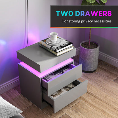 Grey Bedside Table with LED Light, High Gloss Front Nightstand with 2 Drawers, for Living Room, Bedroom