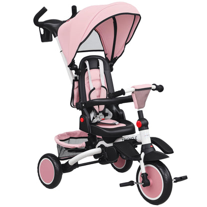 6 in 1 Foldable Kids Trike with Adjustable Parent Handle & Canopy for Ages 1-5, Pink