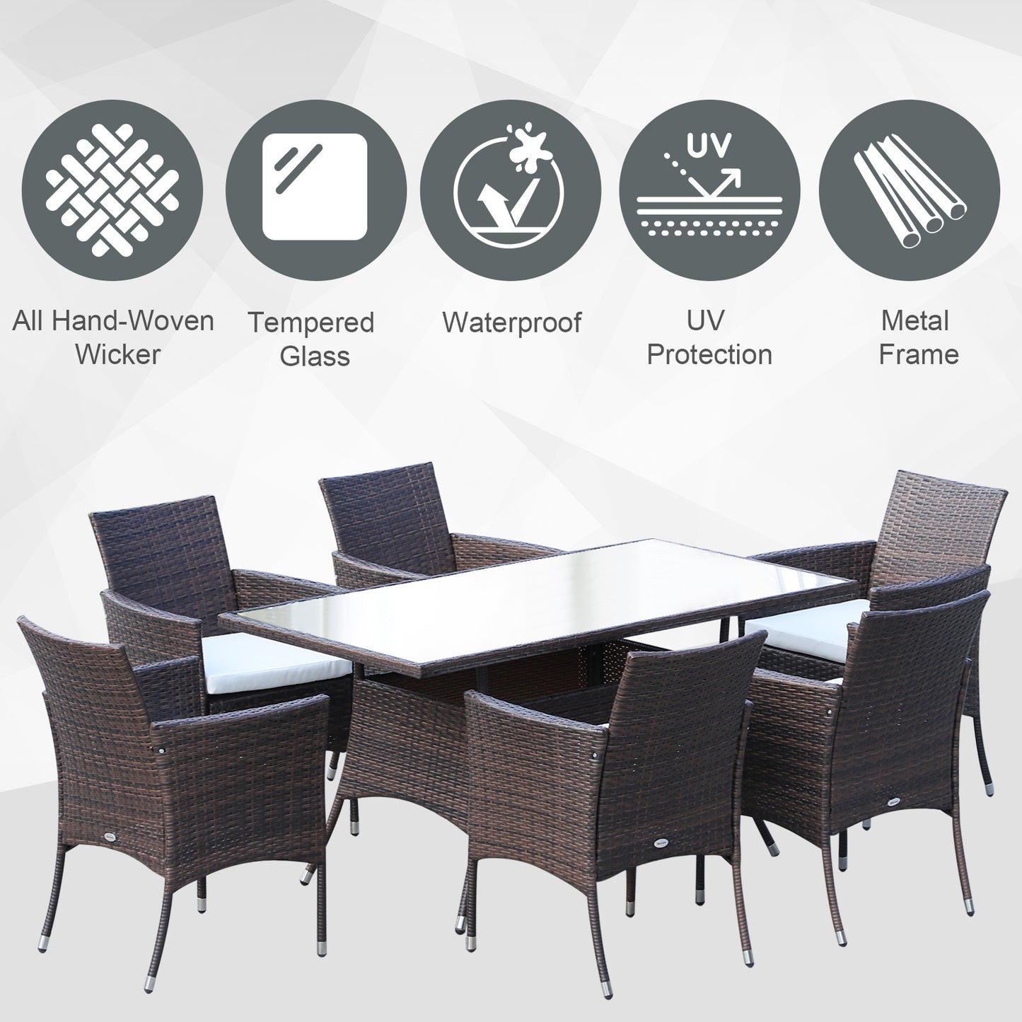 6 Seater Rattan Dining Set with Cushions, Rattan Garden Furniture Set with 6 Armchairs, Rectangular Glass Top Table