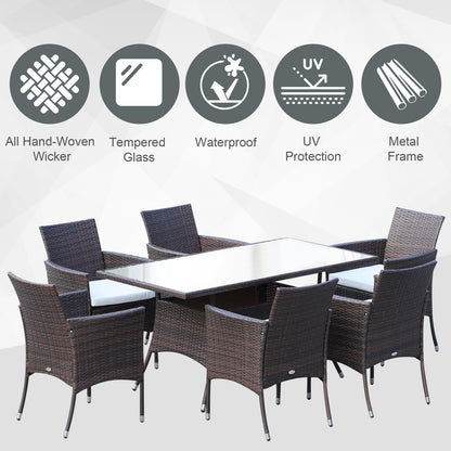 6 Seater Rattan Dining Set with Cushions, Rattan Garden Furniture Set with 6 Armchairs, Rectangular Glass Top Table