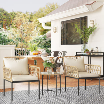 3 Piece Rattan Bistro Set, Wicker Garden Furniture Set with Cushions, Glass Top Coffee Table and Chairs for Outdoor, Patio