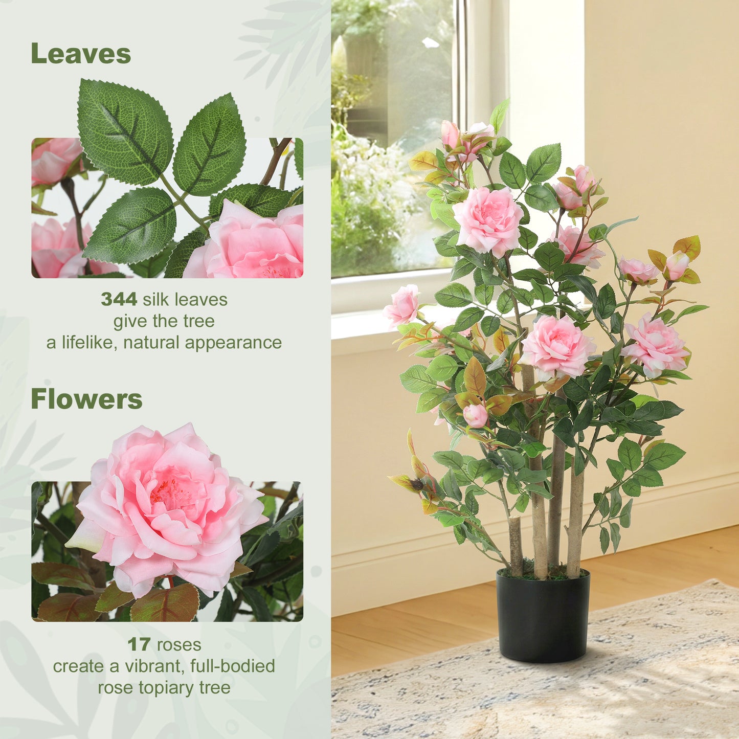 90cm Artificial Rose Tree Set of 2, Decorative Fake Plant with 344 Silk Leaves 17 Flowers for Outdoor Indoor Decor, Pink