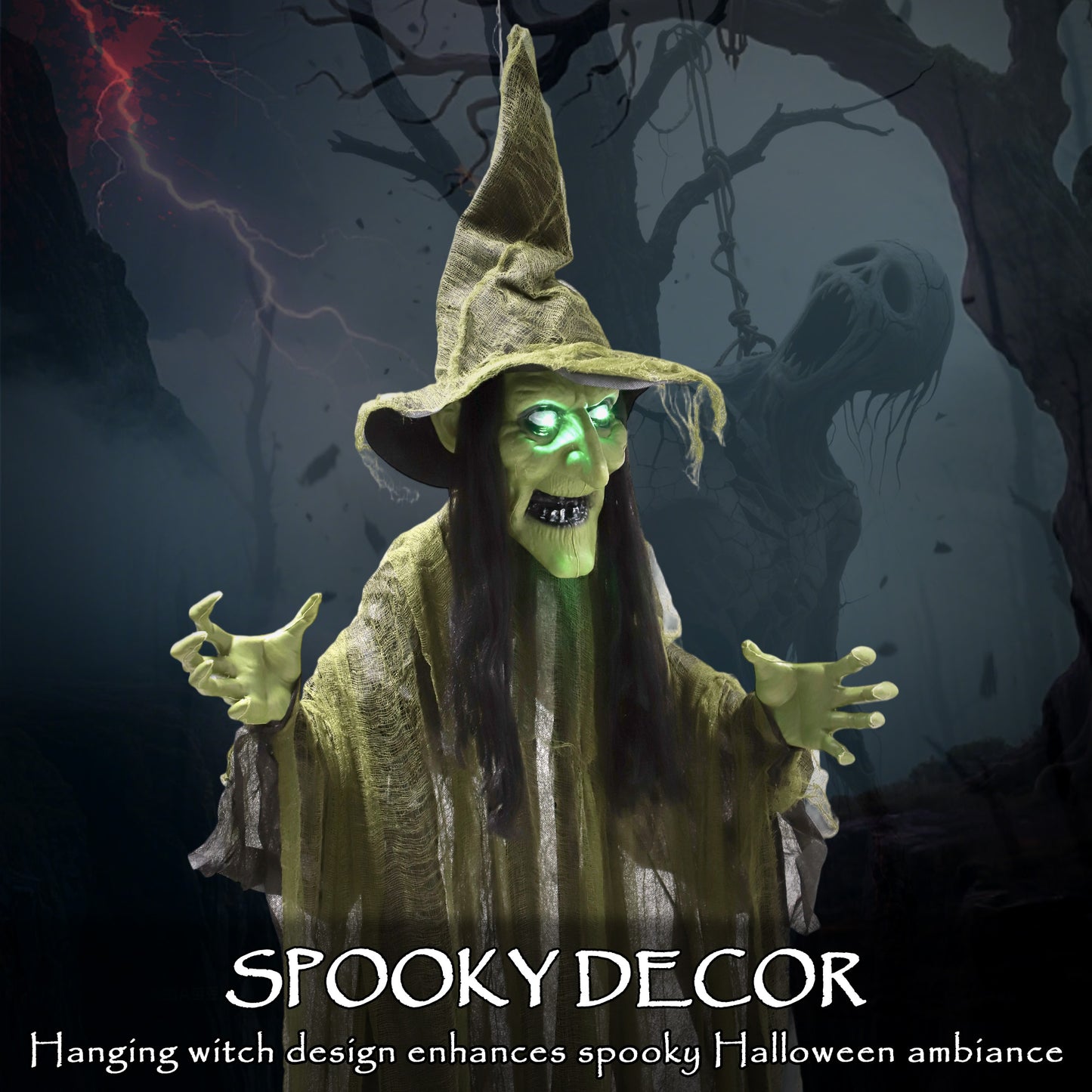 170 cm Life Size Hanging Halloween Animated Witch with Glowing LED Eyes, Spooky Witch Scary Halloween Decorations