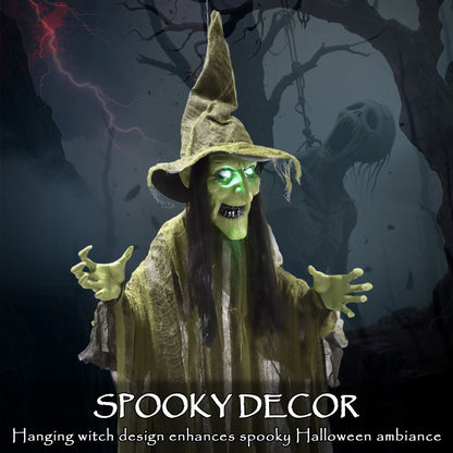 170 cm Life Size Hanging Halloween Animated Witch with Glowing LED Eyes, Spooky Witch Scary Halloween Decorations