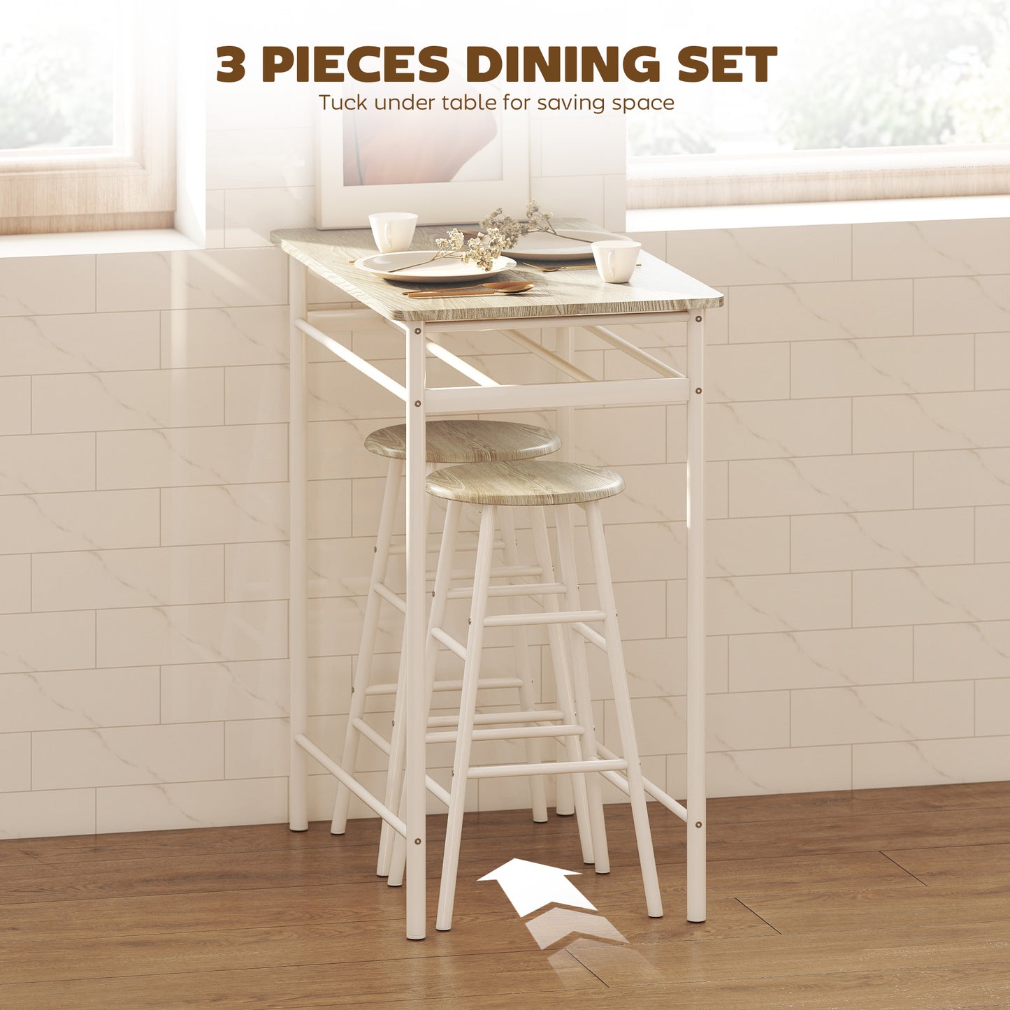Bar Table Set, Bar Table and Stools Set, Footrest and Storage Shelf, for Kitchen, Dining Room, Pub, Cafe, White and Oak