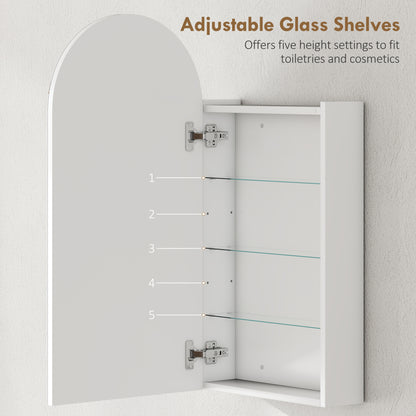 Arched Bathroom Mirror Cabinet with Adjustable Glass Shelves - White