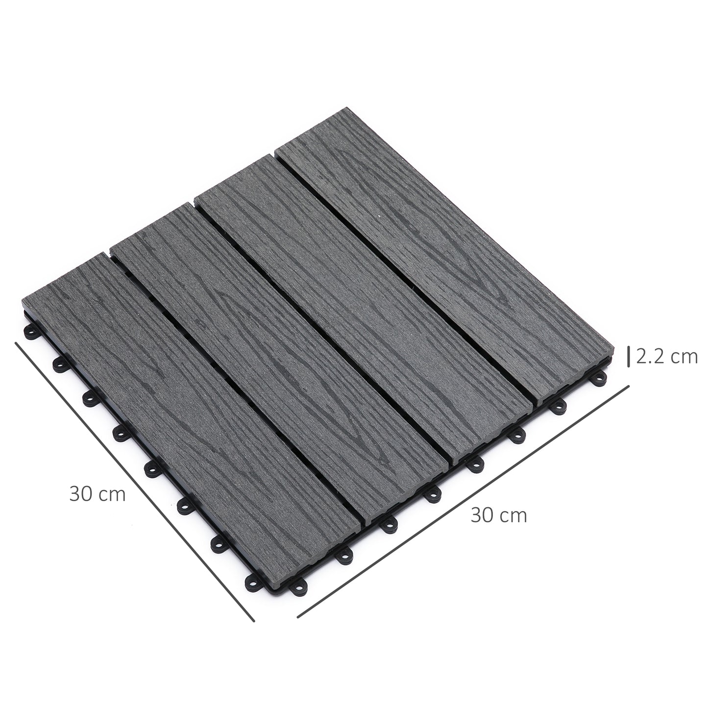 WPC Interlocking Decking Tiles, Pack of 11 Interlocking Patio Paving Slabs, 30 x 30 x 2.2 cm, Grey