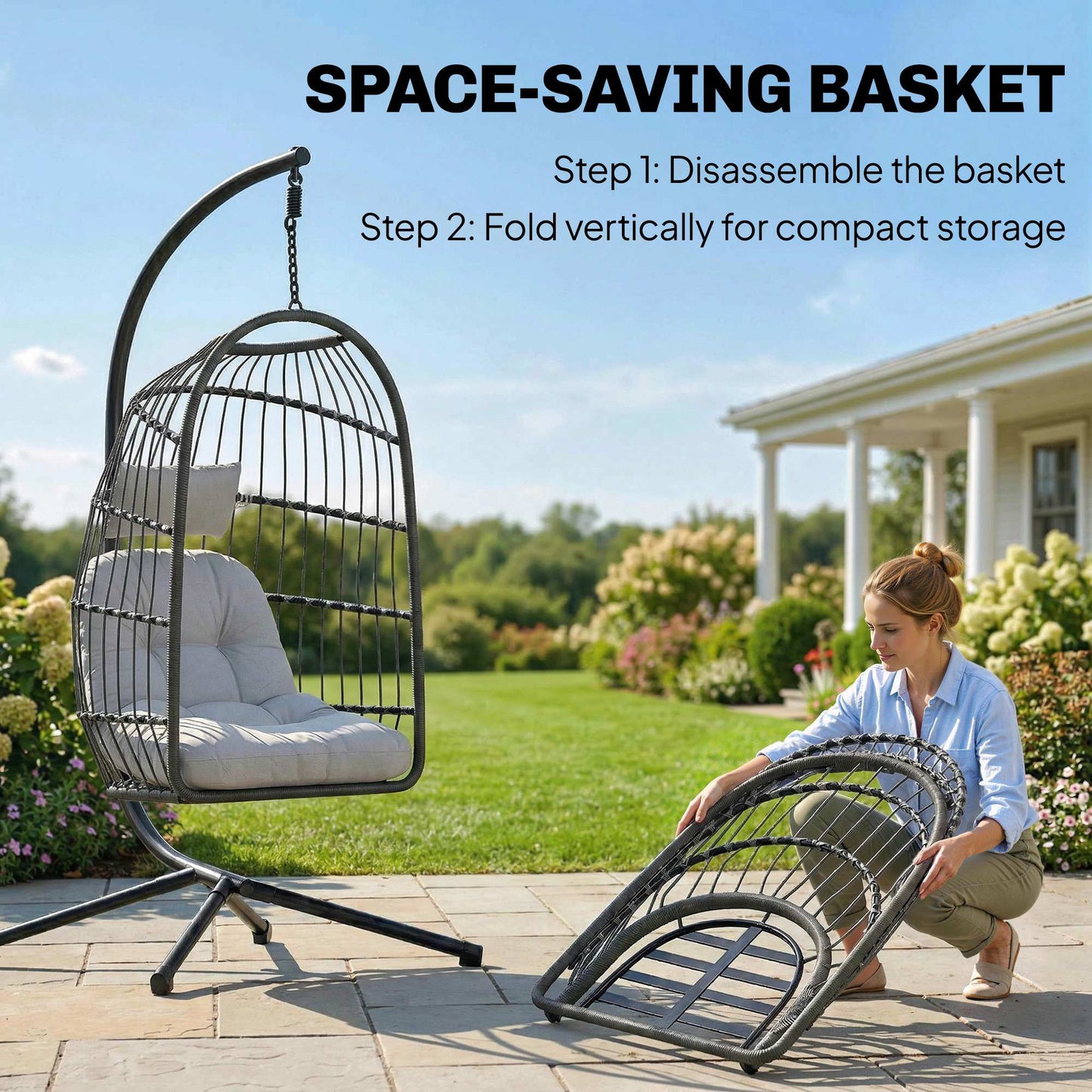 Hanging Egg Chair, Indoor Outdoor Hammock Swing Chair with Stand, Safety Strap, Foldable Basket, Dark/Light Grey
