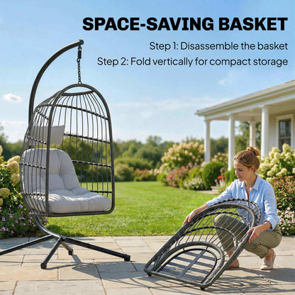 Hanging Egg Chair, Indoor Outdoor Hammock Swing Chair with Stand, Safety Strap, Foldable Basket, Dark/Light Grey
