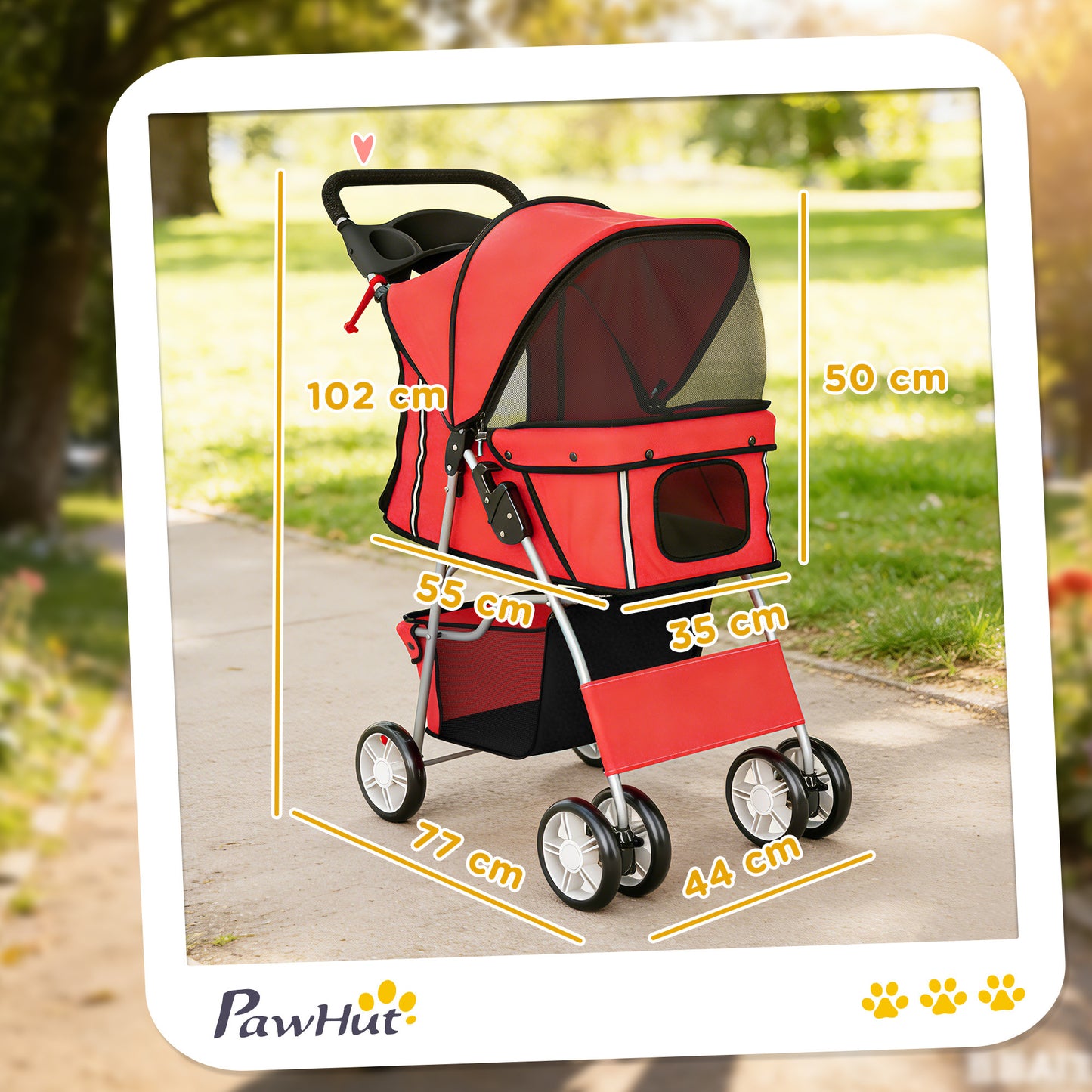 Dog Pram, Pet Stroller with Reflective Strips, Foldable Cat Stroller with 360° Swivel Wheels, Red