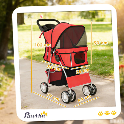Dog Pram, Pet Stroller with Reflective Strips, Foldable Cat Stroller with 360° Swivel Wheels, Red