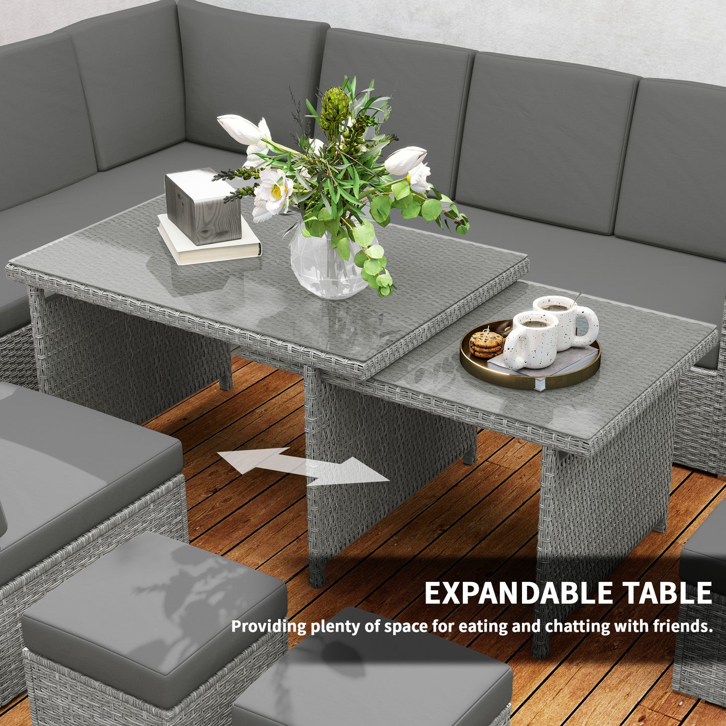 Seven-Piece Rattan Garden Sofa Set, with Expanding Table - Light Grey