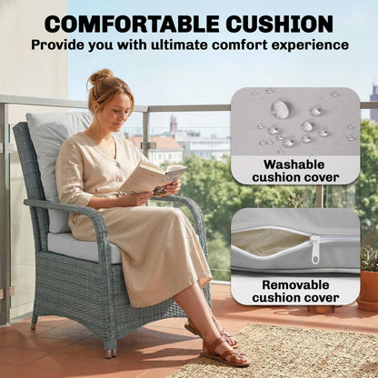3 Pieces Rattan Bistro Set, Wicker Garden Furniture Set with Metal Frame, Cover, Glass Top Coffee Table, Light Grey