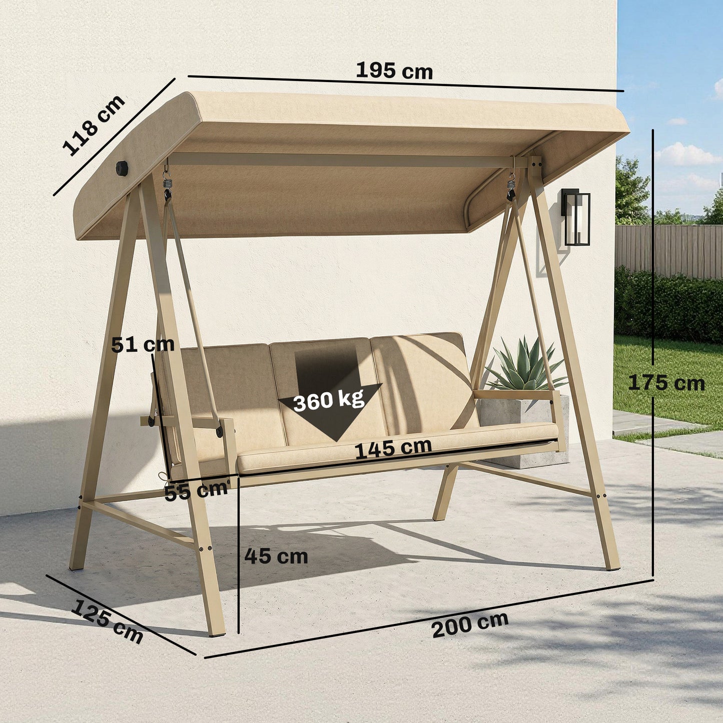Three-Seat Garden Swing Chair, with Adjustable Canopy - Beige