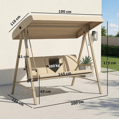Three-Seat Garden Swing Chair, with Adjustable Canopy - Beige