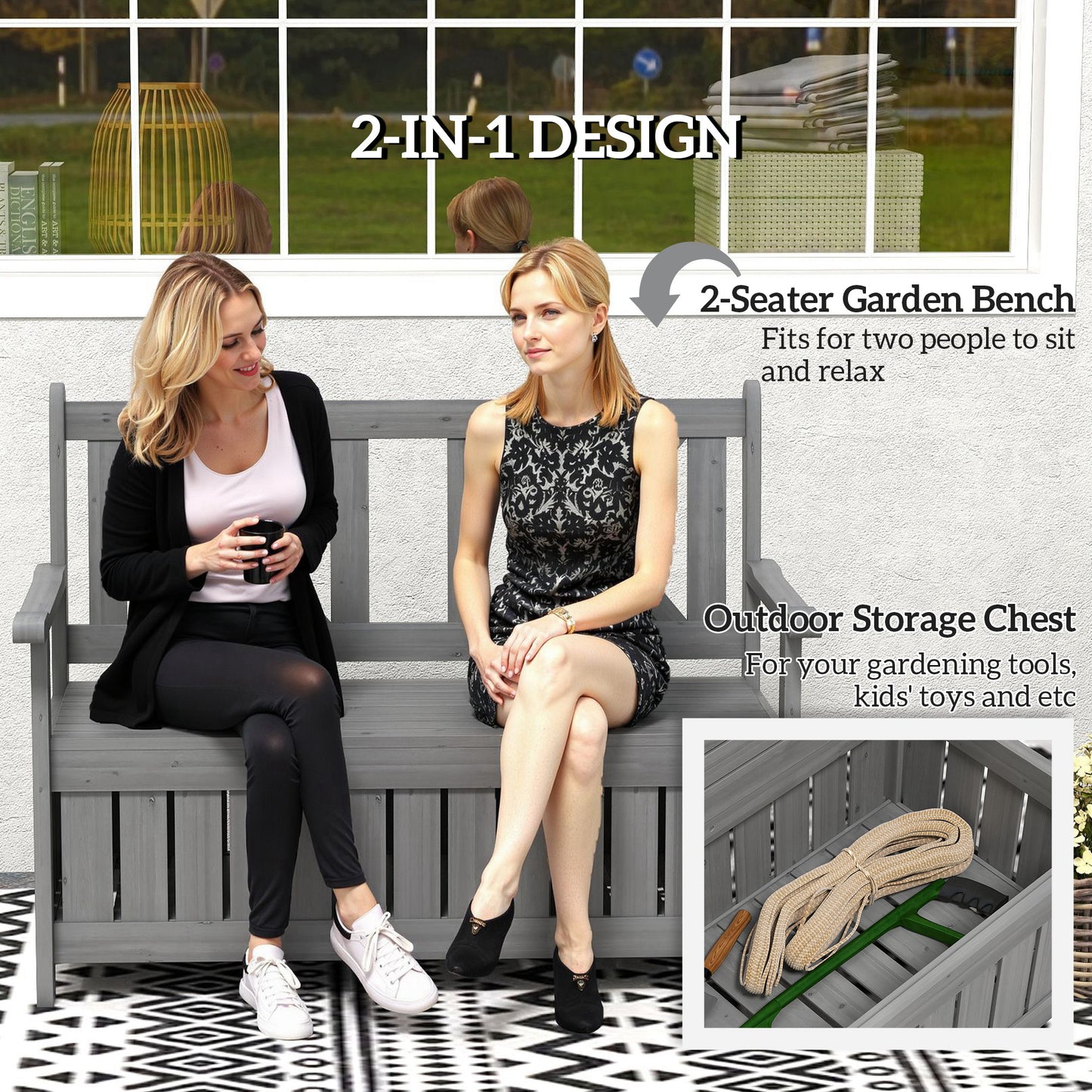 2-Seater Garden Storage Bench for Patio Wood Porch Decor Outdoor Seating, Charcoal Grey