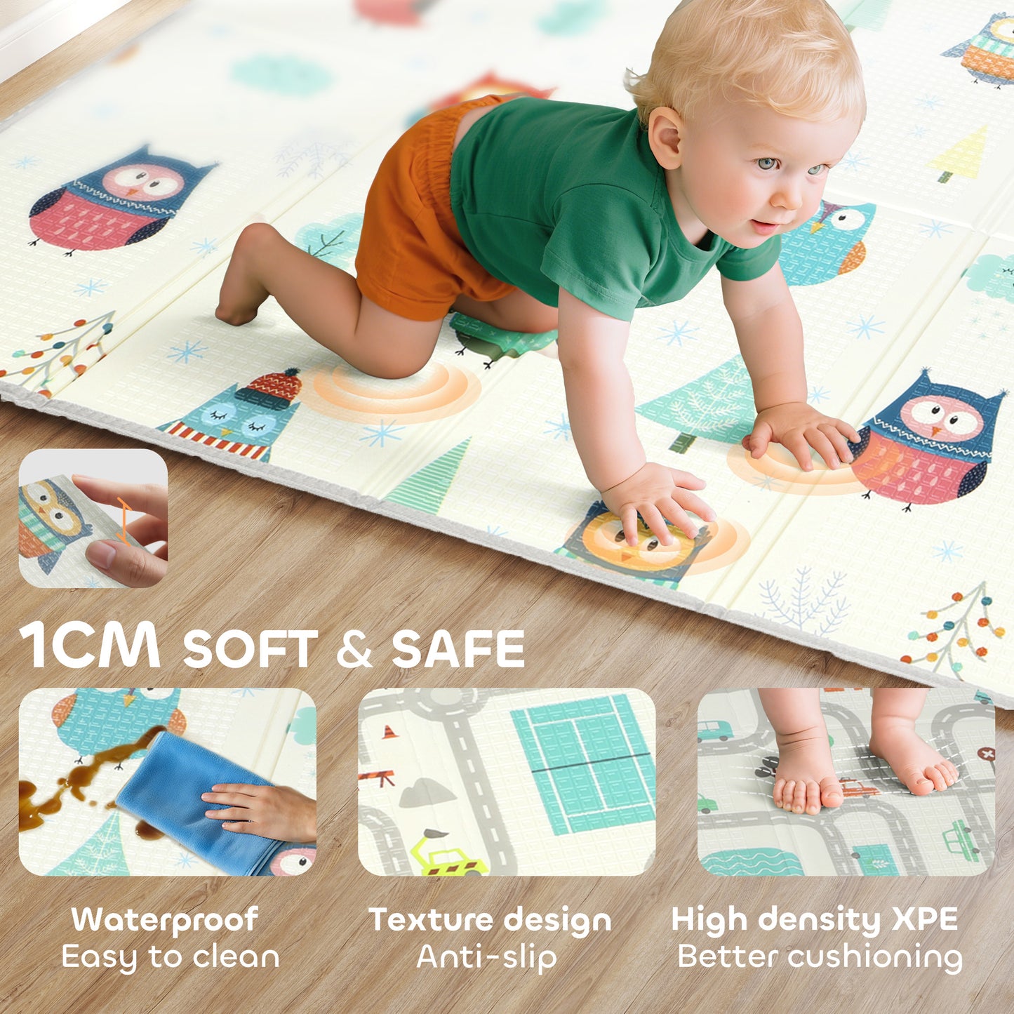 Foldable Baby Plat Mat Double Sided, Kids Floor Mat for Crawling, 200L x 150W cm, Car track and Owl Theme