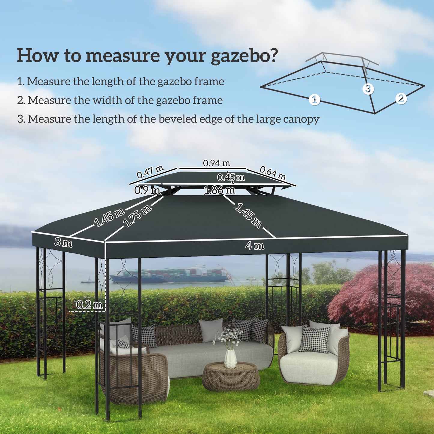 Gazebo Roof Replacement, for 3 x 4m Frames - Grey