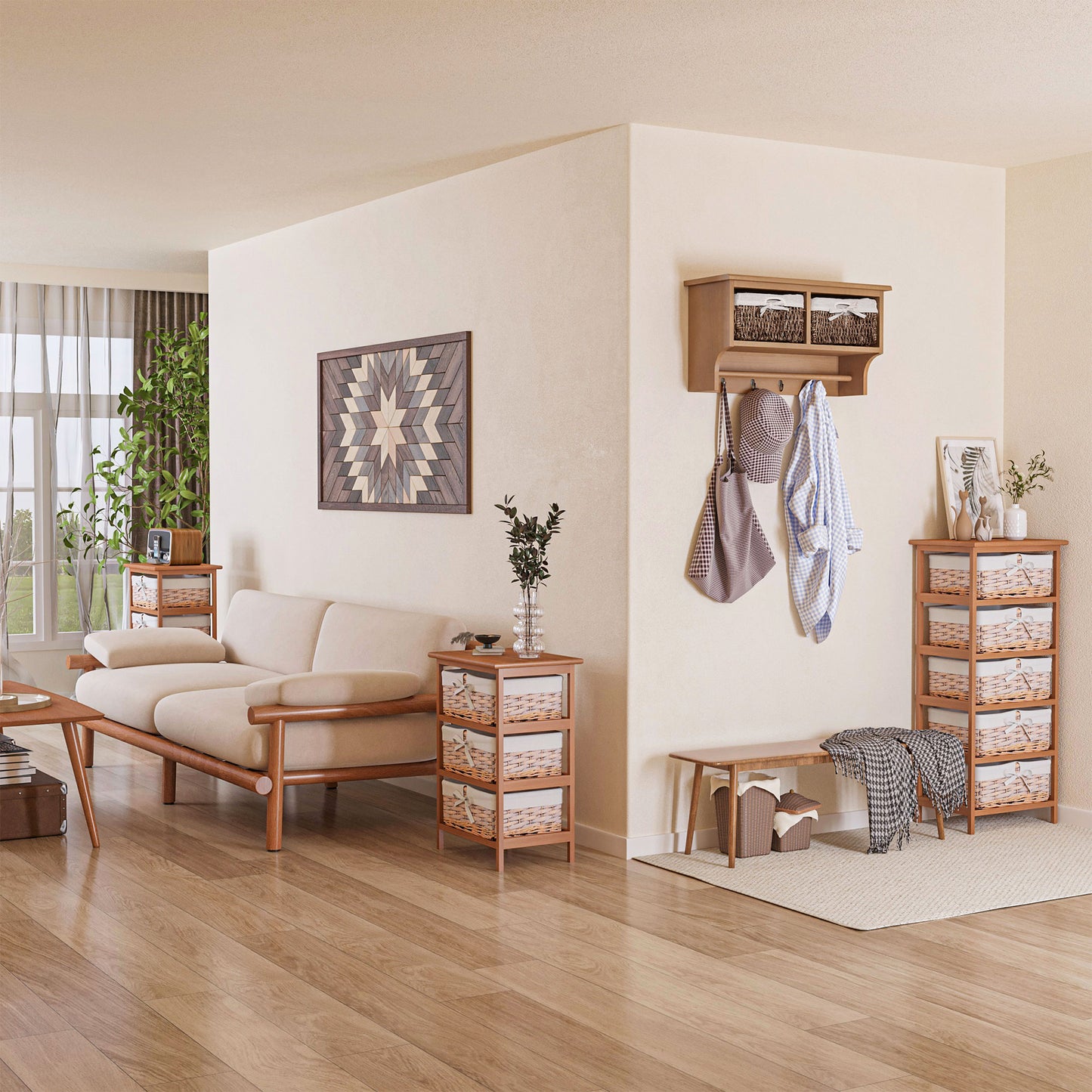 5 Drawer Dresser Wicker Basket Storage Shelf Unit Wooden Frame Home Organisation Cabinet Bedroom Office Furniture Natural Fin