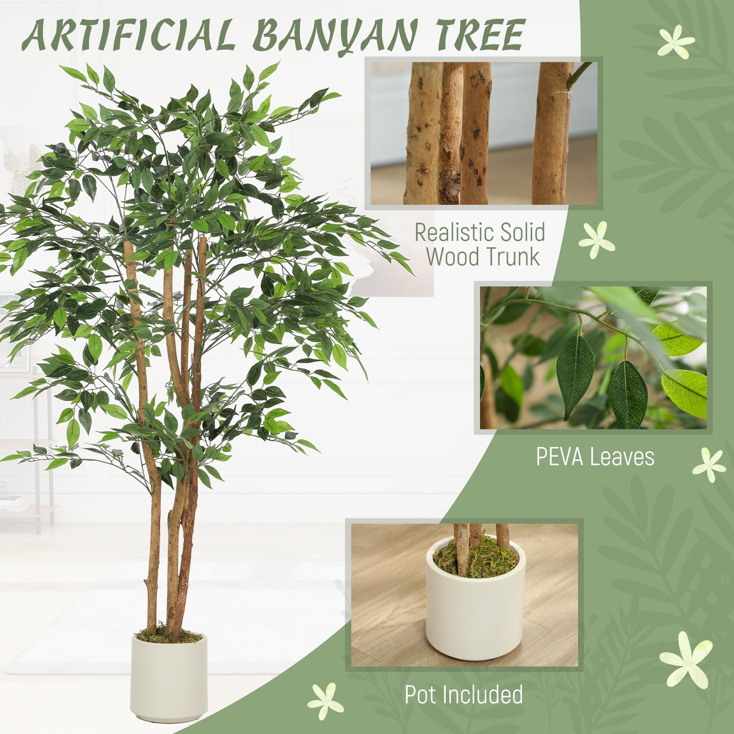 150cm Artificial Ficus Tree, Fake Potted Tree with Solid Wood Trunk and Pot for Indoor, Green