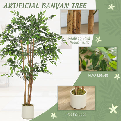150cm Artificial Ficus Tree, Fake Potted Tree with Solid Wood Trunk and Pot for Indoor, Green