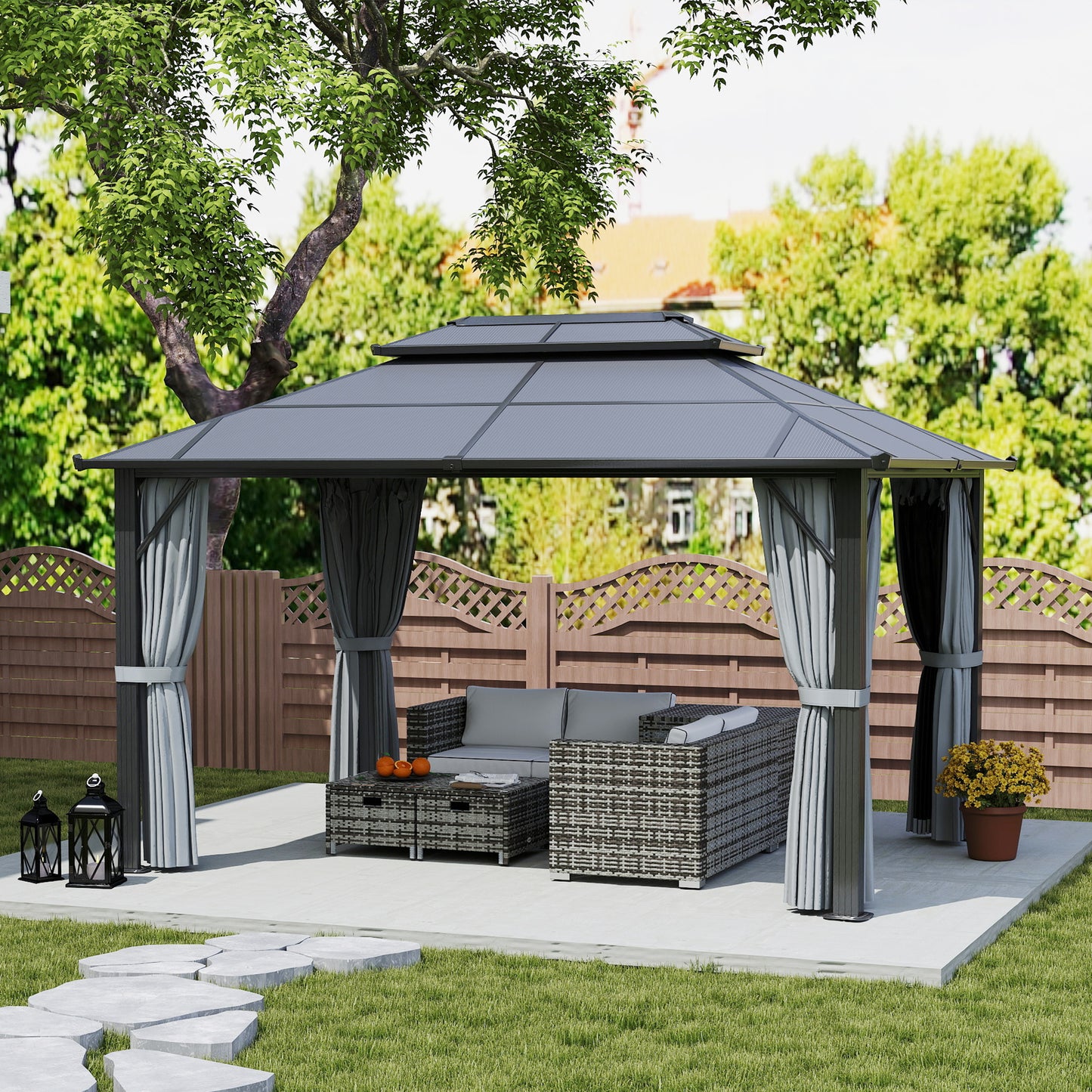 3 x 4m Hardtop Gazebo Canopy with UPF30+ Double Polycarbonate Roof, Aluminium Frame Garden Gazebo Permanent Pavilion