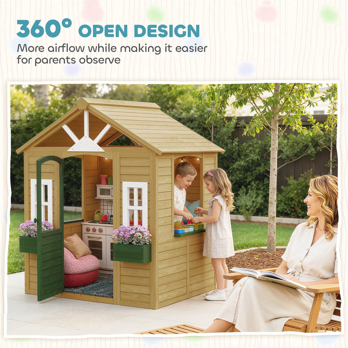 Outdoor Kids Playhouse, Wooden Wendy House with Door, 3 Windows, 2 Flower Boxes for Garden, Indoor Playroom