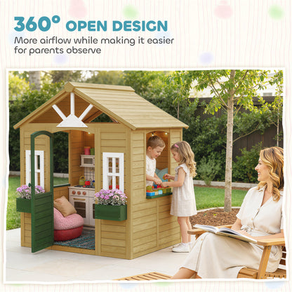 Outdoor Kids Playhouse, Wooden Wendy House with Door, 3 Windows, 2 Flower Boxes for Garden, Indoor Playroom