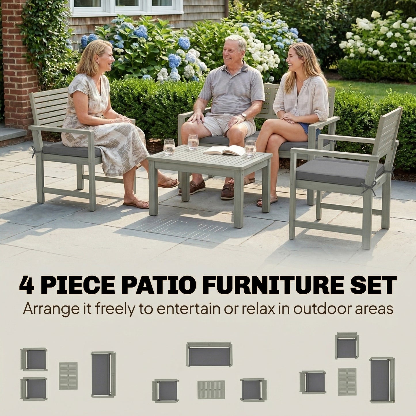 4 Seater Wooden Garden Furniture Set with Loveseat, Armchairs, Table, Acacia Wood Garden Sofa Set, Light Grey