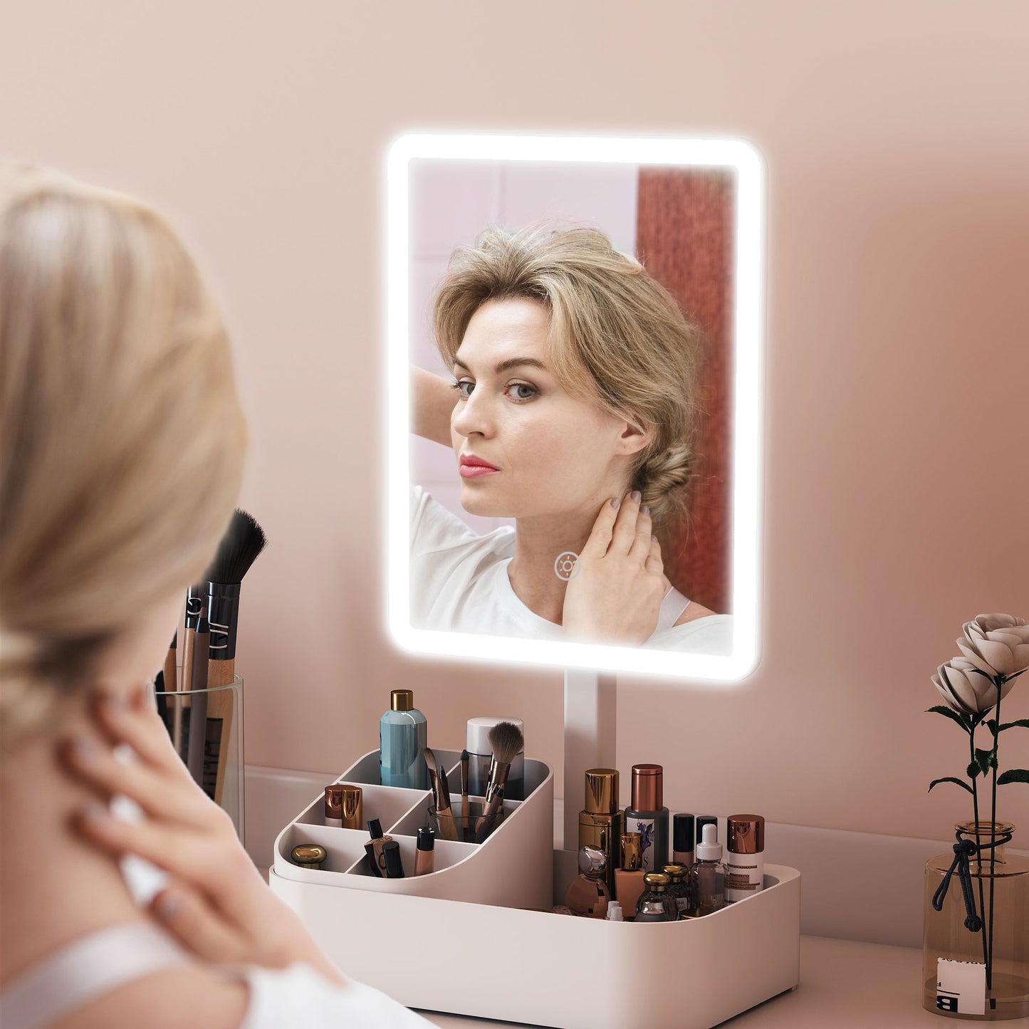 Makeup Mirror with Lights, Rechargeable Vanity Mirror w/ Touch Screen, 2 Lighting Modes and 180° Rotation, White