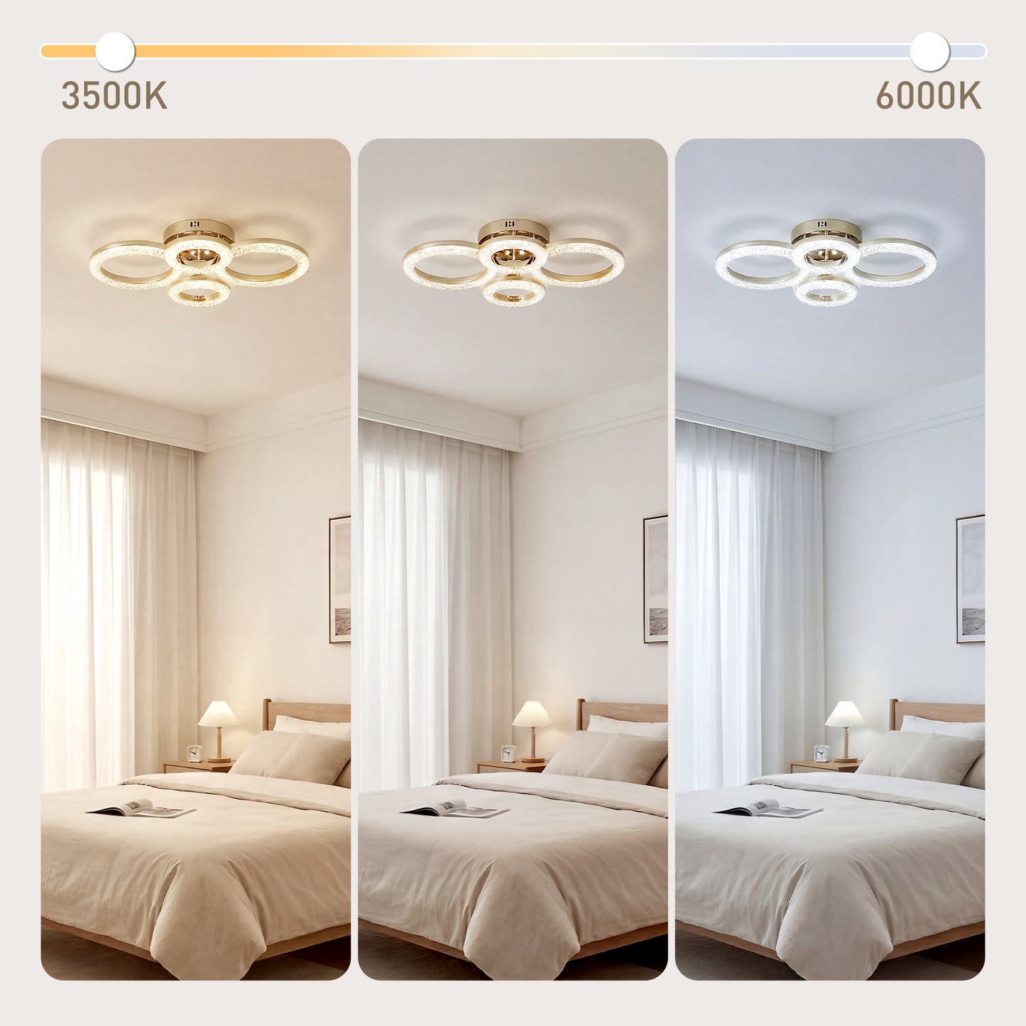 4-Ring LED Ceiling Light, Flush Mount Ceiling Light with 3 Colour Temperatures, Gold Tone