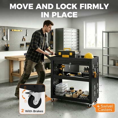 Tool Cart with Lockable Wheels, Rolling Workshop Cart with 3-Tier Trays, Drawer, Pegboards, Black
