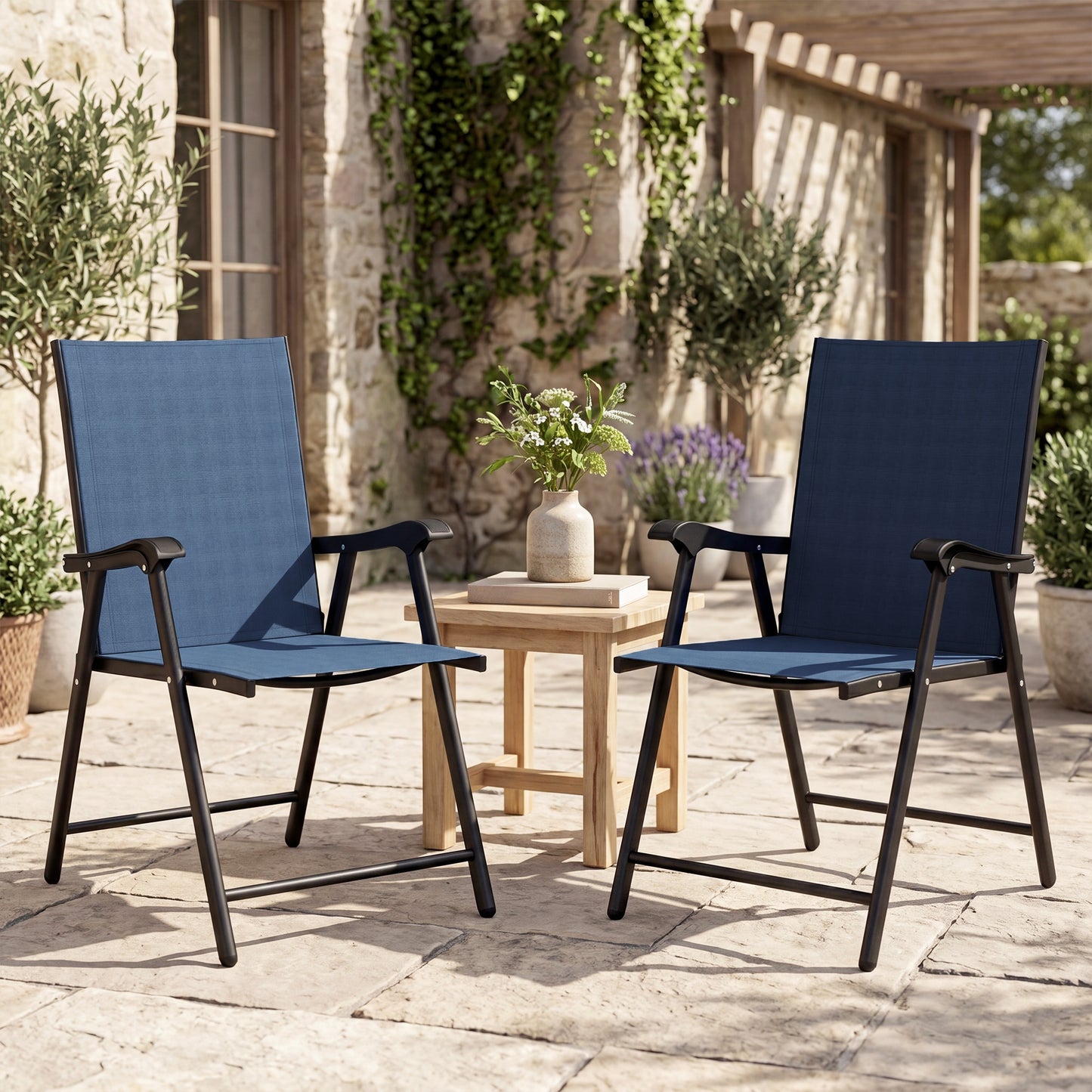 Folding Garden Chairs Set of 2, Foldable Garden Dining Chairs with High Back, Armrests, Texteline Seat, Navy Blue