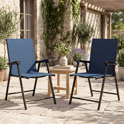 Folding Garden Chairs Set of 2, Foldable Garden Dining Chairs with High Back, Armrests, Texteline Seat, Navy Blue