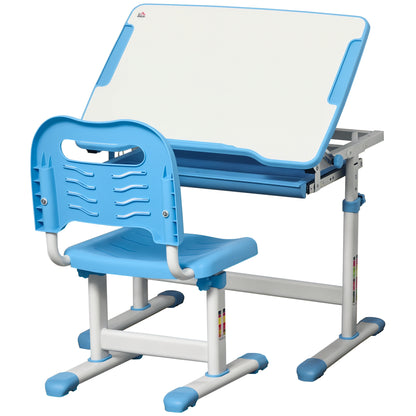 Kids Desk and Chair Set, Height Adjustable Student Writing Desk, Children School Study Table with Tiltable Desktop, Drawer