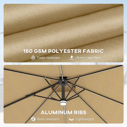 2.5m Cantilever Parasol with Solar Powered LED Lights, 360° Rotation, Tilt Adjustment, Crank Handle, Khaki